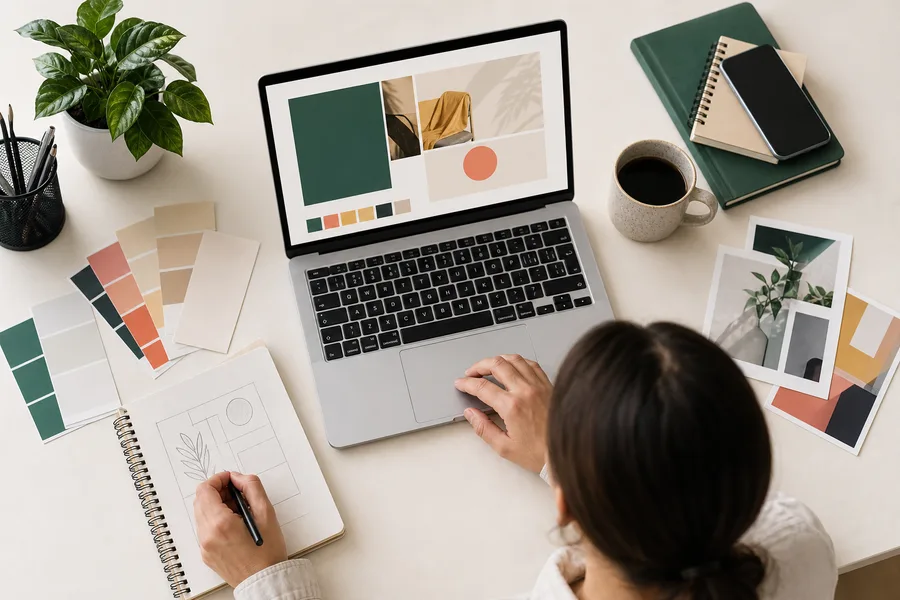 Desk with laptop and creative materials for marketing and design courses