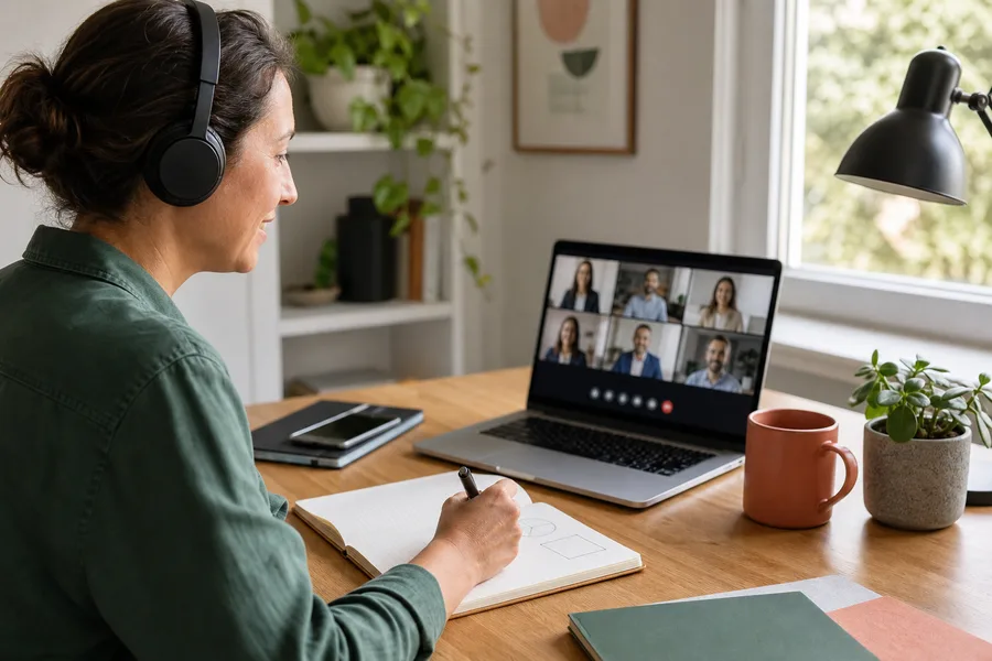 Adult learner joining an online soft skills workshop from a laptop
